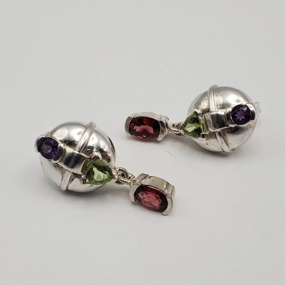 Vintage 925 Sterling Silver Multistone Post Earrings Amethyst Peridot Garnet - Picture 2 of 6